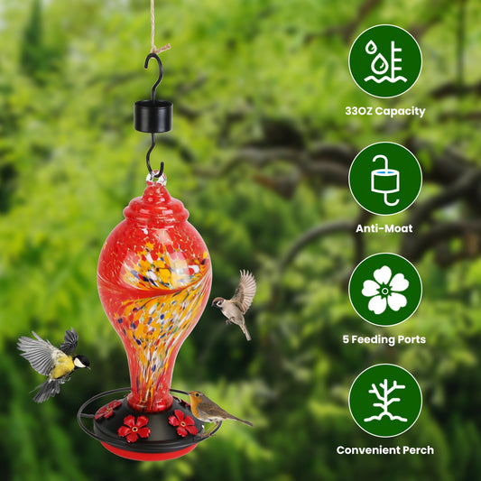 US Local 1Pc Glass Hummingbird Feeder 33OZ Hand Blown Hummingbird Feeder With 5 Flower Feeding Port Perch Ant Moat Hanging Hook S Hook Hemp Rope Cleaning Brush For Garden Decor