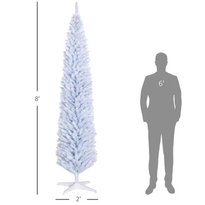 US Local HOMCOM 8' Artificial Pencil Christmas Tree, Slim Xmas Tree With 618 Realistic Branch Tips And Plastic Stand, White