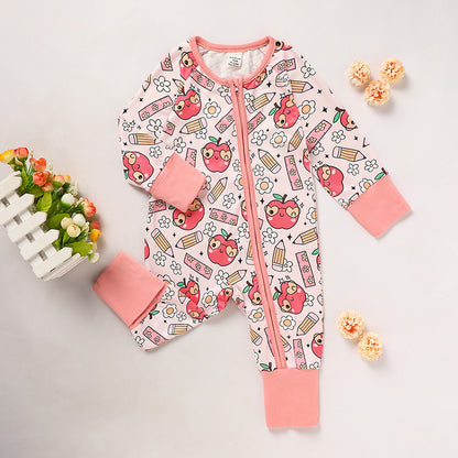 US Local Adorable Infant Romper For Back To School Apple And Pencil Print Long Sleeve Jumpsuit Outfit