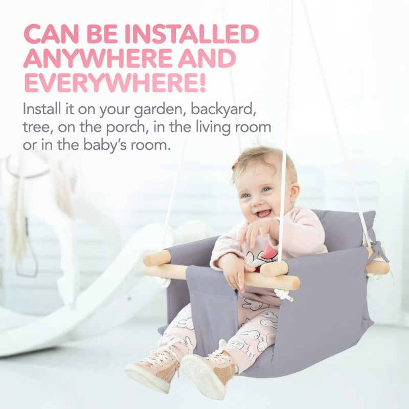 US Local Canvas Baby Swing Wooden Hanging Swing Seat Chair With Safety Belt Durable Baby Swing Chair Outdoor And Indoor Swing For Kids Mounting Hardware Included Taupe Gray
