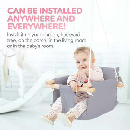 US Local Canvas Baby Swing Wooden Hanging Swing Seat Chair With Safety Belt Durable Baby Swing Chair Outdoor And Indoor Swing For Kids Mounting Hardware Included Taupe Gray