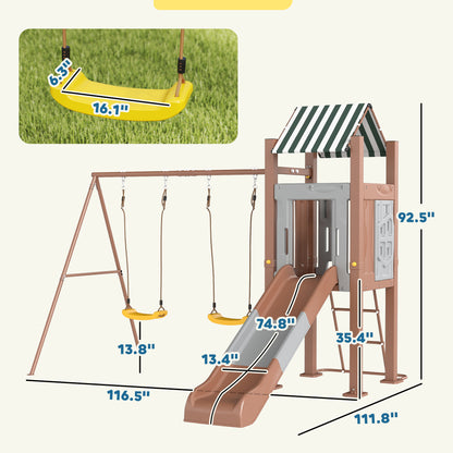 US Local Kids Swing Set With 6 FT Slide, 2 Adjustable Swings, Fort With Canopy, Ladder, Ground Stakes For Ages 3-8, Brown