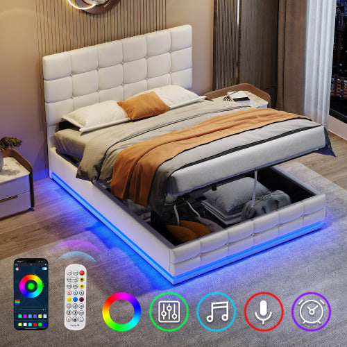 UK Local Ottoman Double Bed With LED Lighting, PU Leather Upholstered Bed With Hydraulic Storage, 4ft6 Double Bed Frame With Adjustable Button Tufted Headboard, Cream White No Mattress