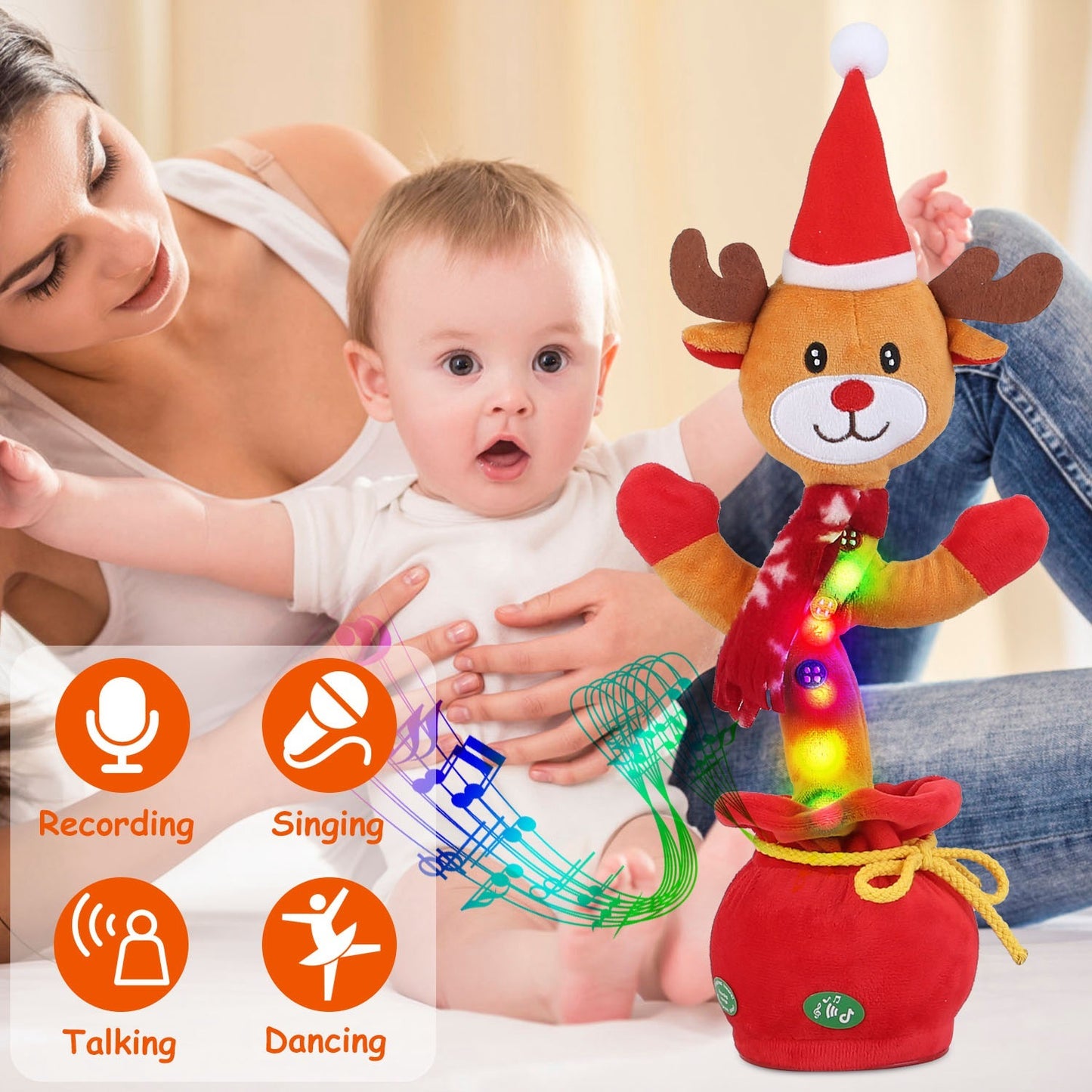 US Local 1Pc Penguin Or Elk Kid Electric Dance Toy Christmas Elk Snowman Senior Penguin Plush Toy Interactive Sing Song Whirling Mimicking Recording Light Up Toy