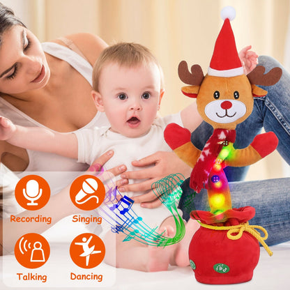 US Local 1Pc Penguin Or Elk Kid Electric Dance Toy Christmas Elk Snowman Senior Penguin Plush Toy Interactive Sing Song Whirling Mimicking Recording Light Up Toy
