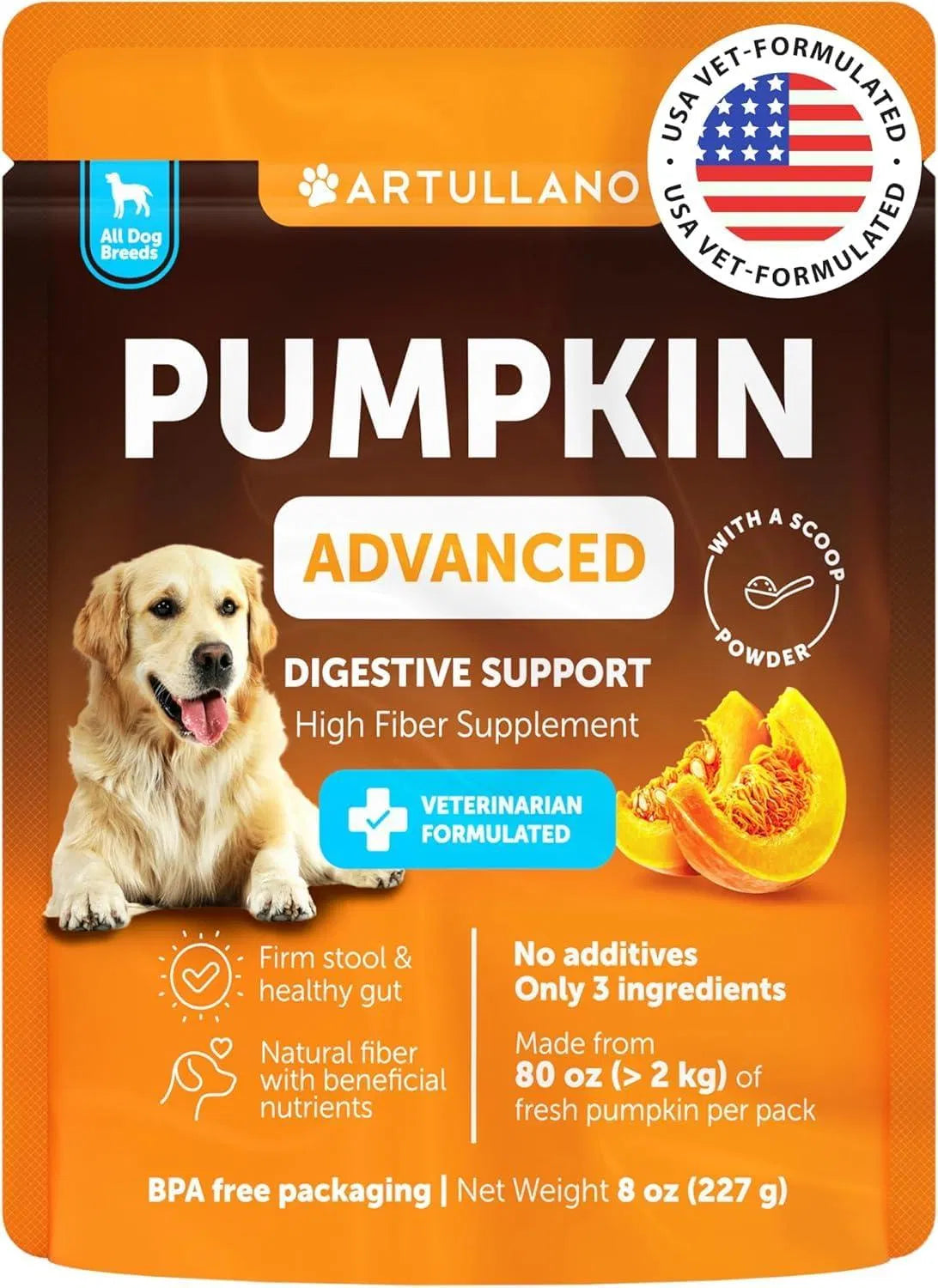 US Local Pumpkin Powder For Dogs Digestive Support 8 OZ Fiber Supplement For Constipation For Gut Balance Healthy Skin Digestion Glands Firm Stool Poop Anti Diarrhea Gas Relief