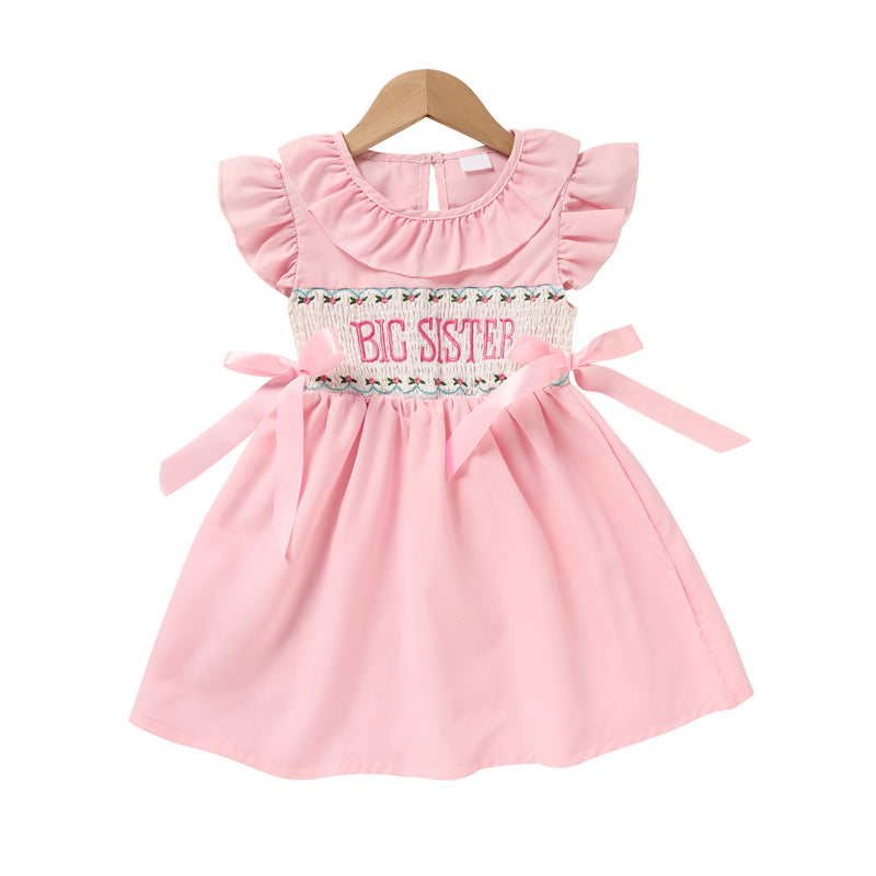 US Local Toddler Girl's Pink Ruffle Sleeve Dress Letter Embroidery & Bow Detail With Back Button Closure