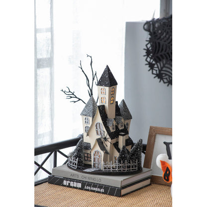 US Local 10x8.3x13.5 Cardboard Lighted Haunted House, Black Beige Tabletop Holiday Halloween Decor, Battery Powered