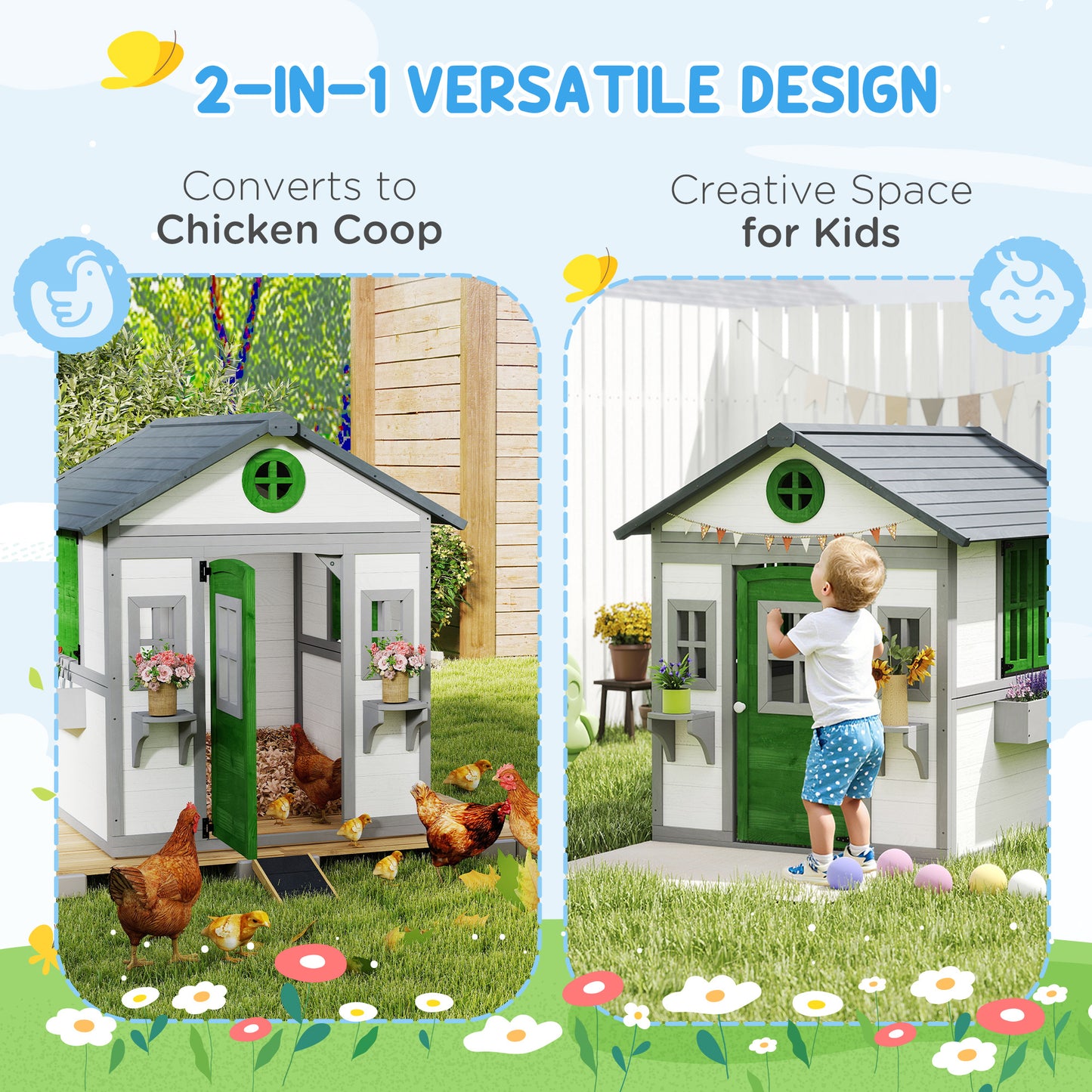 US Local Wooden Playhouse For Kids Outdoor With Doors, Windows, Planter Pots And Boxes For Toddlers 3-8 Years, White