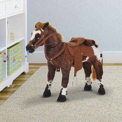 US Local Qaba Sound-Making Ride On Horse For Toddlers 3-5, With Neighing And Galloping Sound, Stuffed Animal Horse Toy For Kids With Padding, Soft Feel, Brown