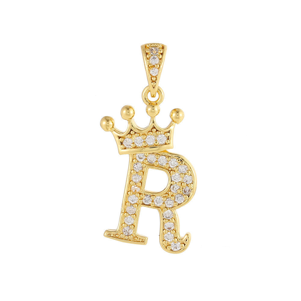 Gold Plated Copper Inlaid Zircon Crown 26 English Letters Full Diamond Pendant Parts