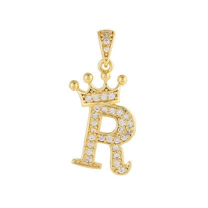 Gold Plated Copper Inlaid Zircon Crown 26 English Letters Full Diamond Pendant Parts