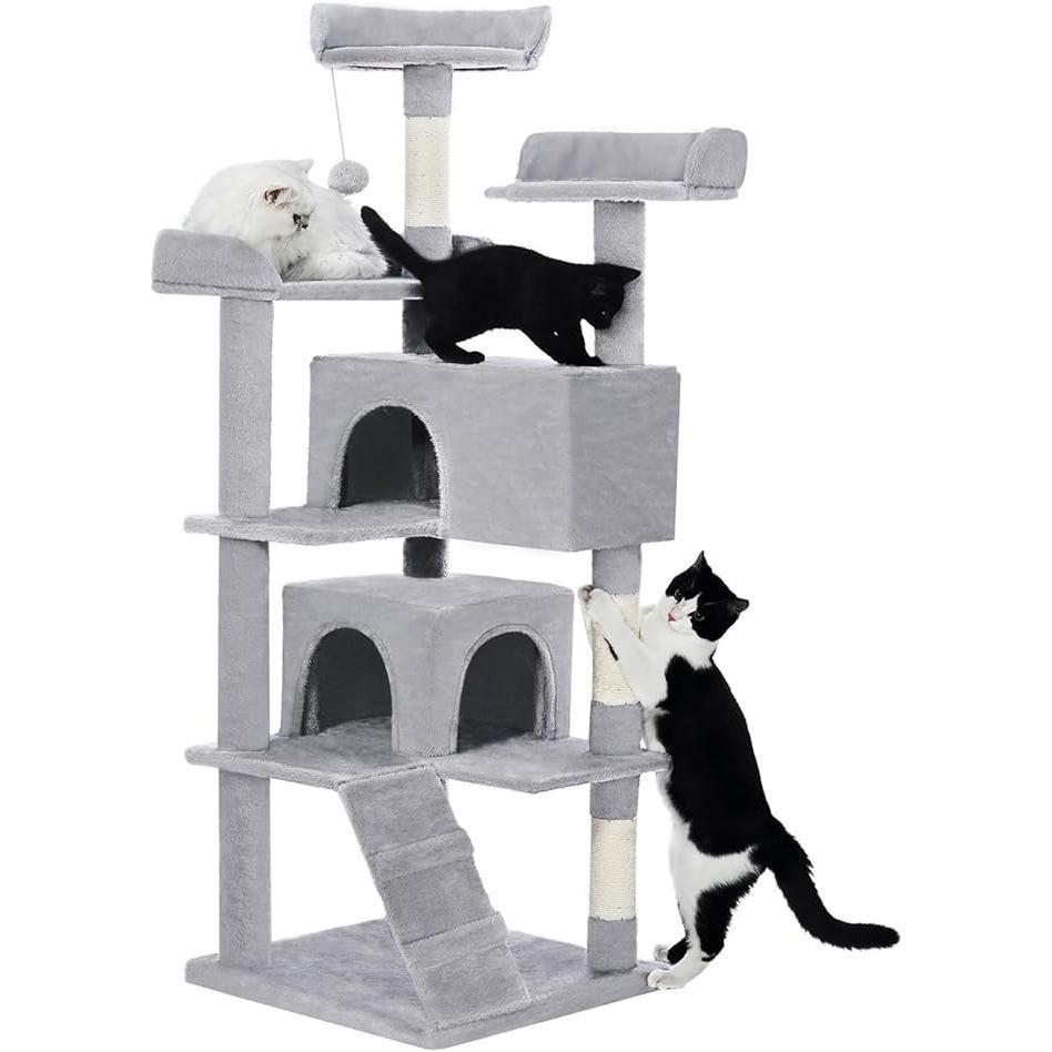 US Local Made4Pets 56-inch Pet Cat Tree For Indoor Cats Multi-Level Cat Tree With 2 Apartments Cat Activity Center With Scratching Posts And Toys Light Gray