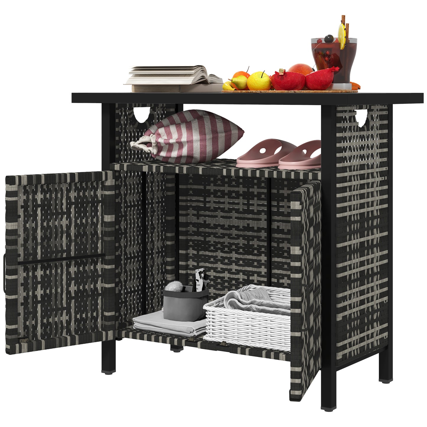 Outdoor Pool Towel Storage Cabinet Organizer, Outdoor Bar Table With Shelf And Cabinet, Pool Towel Holder Pool Valet With Weather-Resistant PE Rattan And Steel Frame, Mixed-Gray