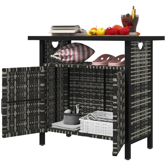 Outdoor Pool Towel Storage Cabinet Organizer, Outdoor Bar Table With Shelf And Cabinet, Pool Towel Holder Pool Valet With Weather-Resistant PE Rattan And Steel Frame, Mixed-Gray