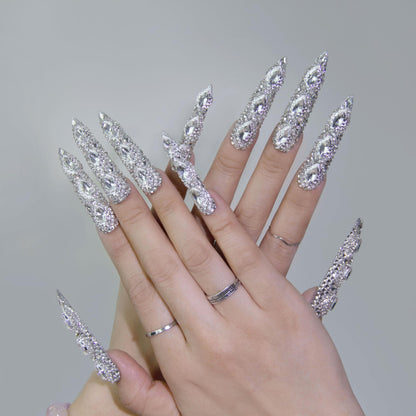 US Local GGddsha Queen Of Haute Style Full Diamond Long AlmondPress On Nails PMMA Acrylic Handmade Nails Full Deluxe 3DCrystal Fake Nails,Glacial Empress