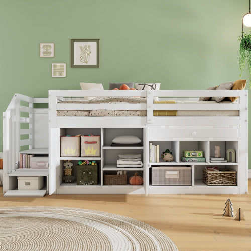 UK Local Multifunctional Wooden Children's Bed With Stairs And Storage Space, Stairs  Cabinets Interchangeable On The Left And Right, Drawers Reversible And Usable As A Desk, Without Mattress, 90x190, White