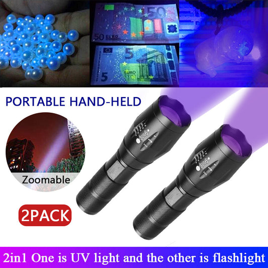 US Local UV Torch Ultra Violet Flashlight Zoomable Blacklight Lamp LED Super Bright 250000lm 2 In 1 395nm Mini Pocket Inspection Light 2 Pack