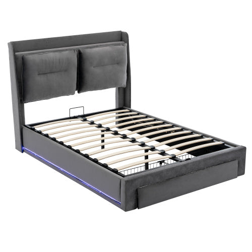 UK Local Upholstered Bed, 150x200 5ft King Size Bed, Hydraulic Bed, 2-in-1 Storage Drawers At The End Of The Bed, Recessed LED Light Strips On Both Sides Of The Bed, Slatted Frame, Velvet,Dark Gray