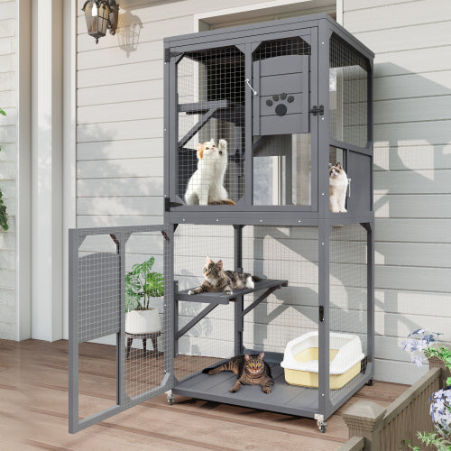 US Local Catio Outdoor Cat Enclosure Window Access, 4 Tiers Cat House With Wheels, Resting Box & Waterproof Roof, Indoor Large Cat House Cage, Gray