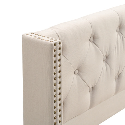 UK Local Upholstered Bed,Double Bed-4ft6 135x190cm ,With Slatted Frame And Headboard, Button Upholstery, Rivet Upholstery, Wooden Legs, Linen, Beige