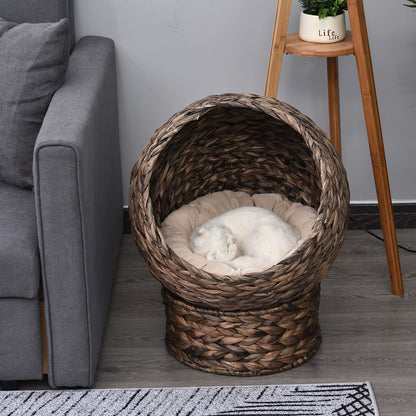 US Local Handmade Wicker Elevated Cat Bed With Cushion Dark Brown For Kittens