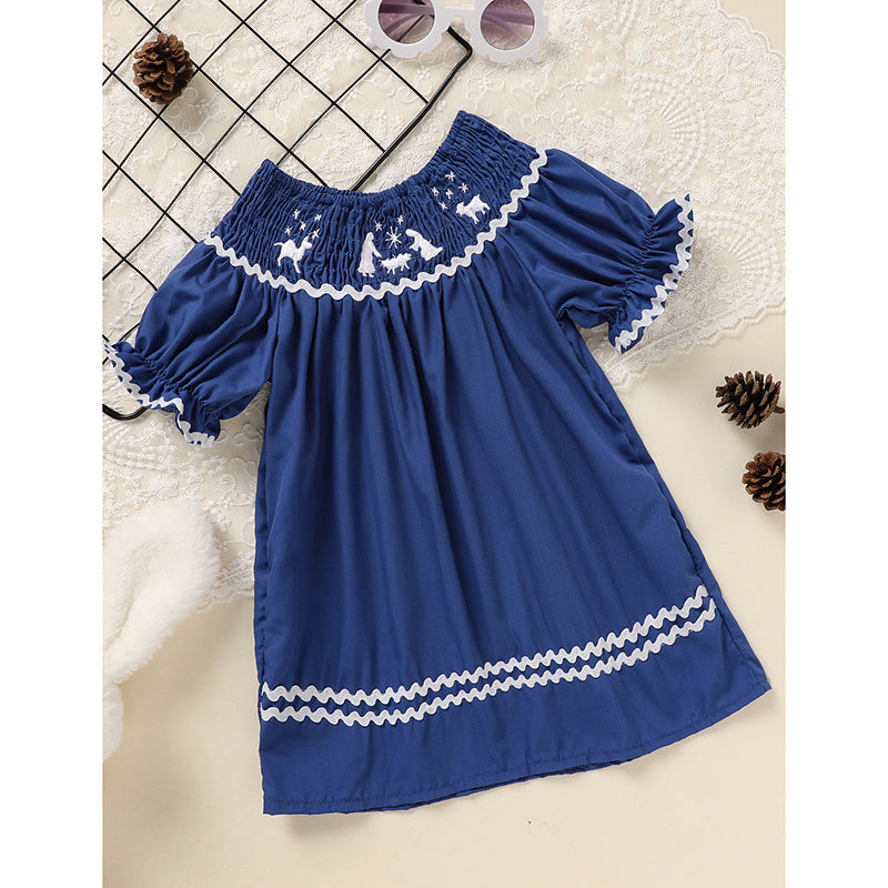 US Local Toddler Infant Girl Christmas Santa Embroidery Short Sleeve Princess Party Dress Smocked Baby Girl Clothes