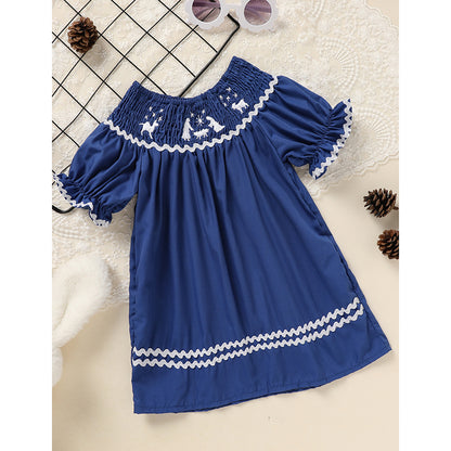 US Local Toddler Infant Girl Christmas Santa Embroidery Short Sleeve Princess Party Dress Smocked Baby Girl Clothes