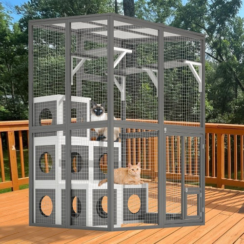 US Local Outdoor Wooden Cat Catio - Large Solid Wood Cat Cage Playpen With 2 Jumping Platforms  7 Napping Houses, Walk-in Cat Kennel Condo Shelter, Grey
