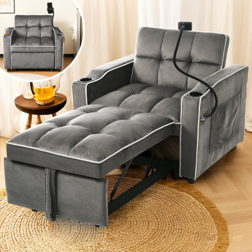 UK Local 3-in-1 Expandable Single Sofa Bed  With Drink Holders And Phone Holder, Sofa Recliner, Sleeper Chair, Armchair, Perfect For Small Spaces, 83x167x76 Cm