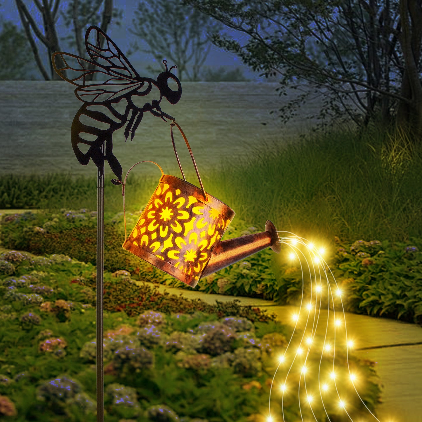US Local Solar Garden Lights Outdoor Decoration,Flower-shaped Lights Metal Solar Watering Can Lights Outdoor Waterproof, Small Patio Light Yard Lawn Pathway Decor, Gardening Gifts Solar Lantern Out