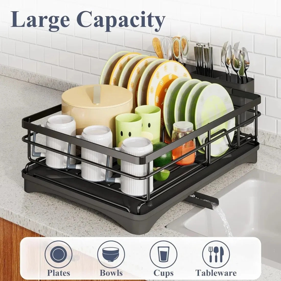 US Local 2 In Set Dish Drying Rack And Under Sink Organizer Rack, Large Dish Rack With Drainboard, 2 Tier Pull Out Cabinet Shelf For Kitchen Storage