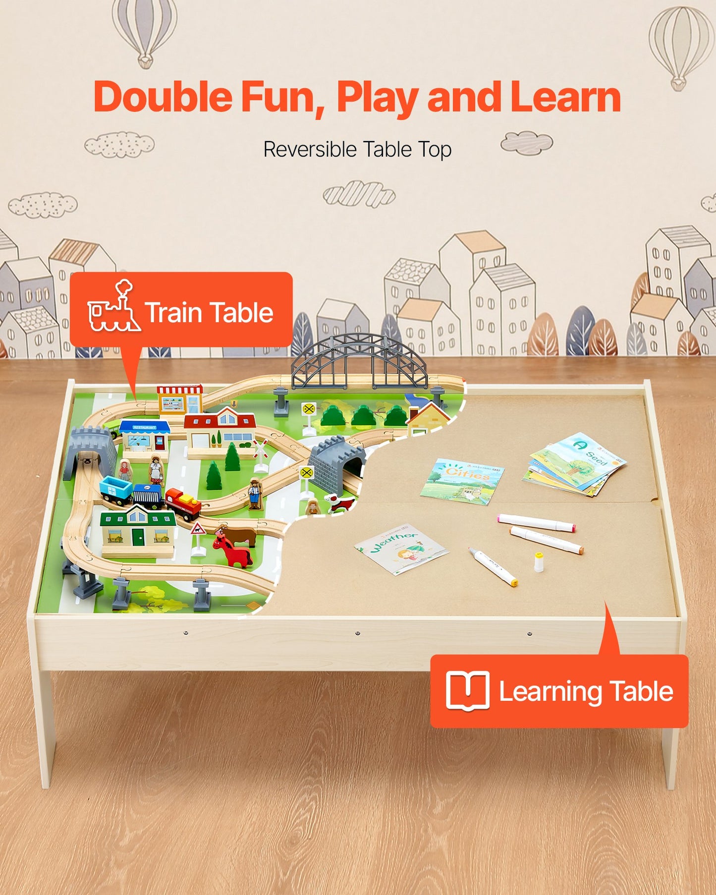US Local Train Table 120 Pieces Wooden Kids Activity Table With Collapsible Storage Bin