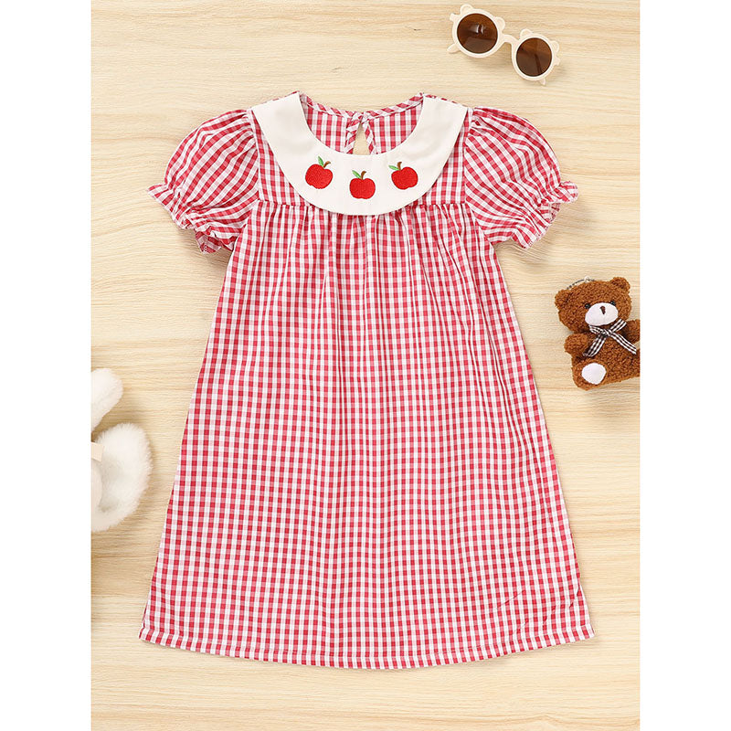 US Local Toddler Kids Girls Back To School Dress Smocked Collar Puff Sleeve Plaid Embroidered Print Dress