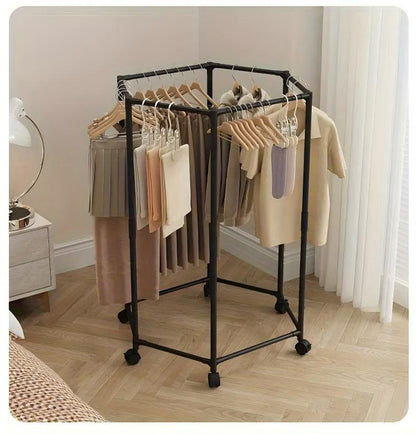 US Local Space-saving Hexagonal Metal Clothes Hanger. Sturdy And Freestanding. Multi-arm Design. Suitable For Bedrooms, Dormitories, And Balconies. Holds A Wide Range Of Clothing. Elegant Metal Frame.