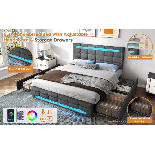 UK Local 4ft6 Double Upholstered Bed With LED Lighting And Storage Drawers, Linen Fabric Storage Bed Frame With Adjustable Button Tufted Headboard, No Box Spring Needed, Easy Assembly, Grey