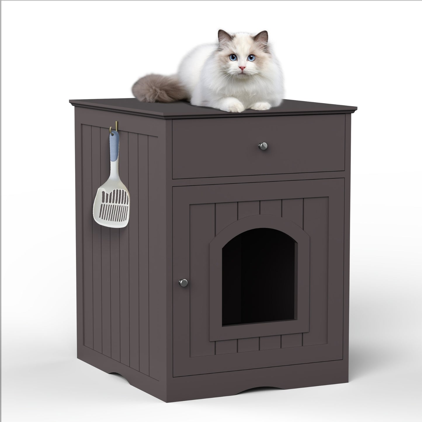 US Local Wooden Pet House Cat Litter Box Enclosure With Drawer & Side Table