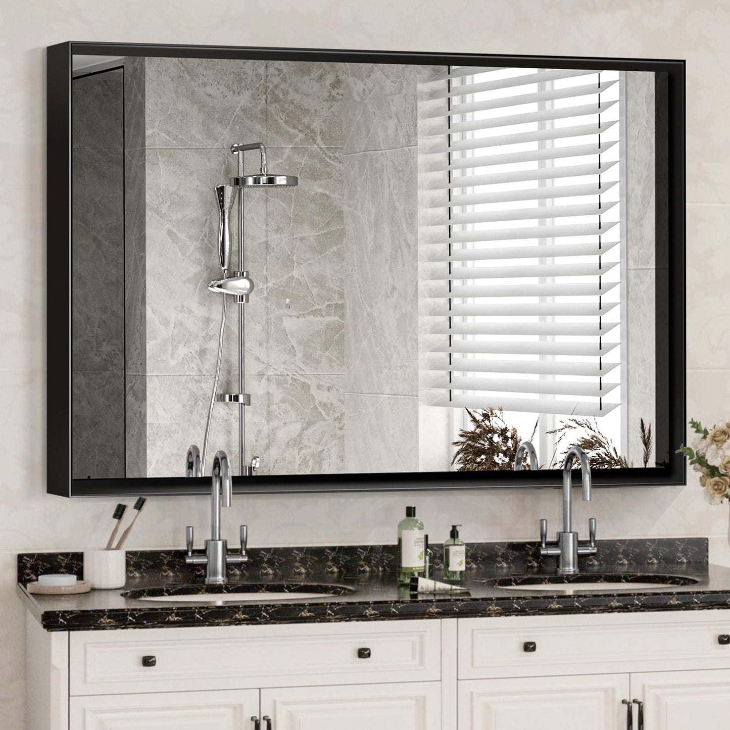 US Local 40x30 Inch Glossy Black Bathroom Mirror Wall Rectangular Vanity Mirror