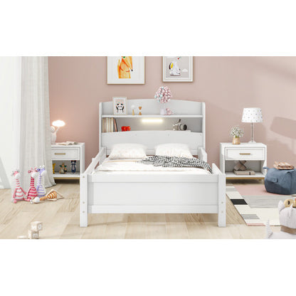 US Local Wood Twin Size Platform Bed With Built-in LED Light, Storage Headboard And Guardrail, White