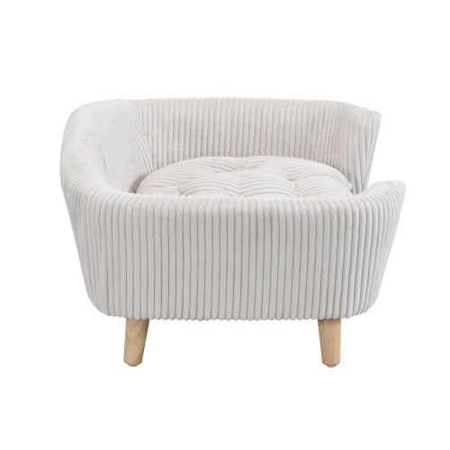 US Local Elevated Dog Bed Frame For Small Dog, Corduroy Pet Couch Bed With Rubber Wood Legs And Supportive Foam, Beige, Easy Assembly