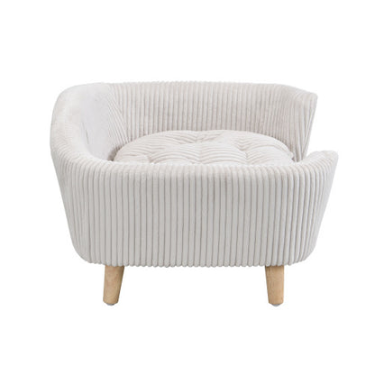 US Local Elevated Dog Bed Frame For Small Dog, Corduroy Pet Couch Bed With Rubber Wood Legs And Supportive Foam, Beige, Easy Assembly