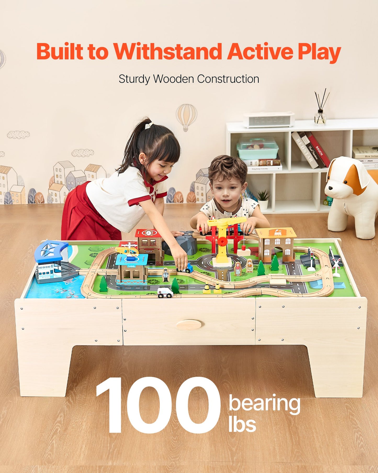 US Local Train Table 62 Pieces Wooden Kids Activity Table With Large Storage Drawer