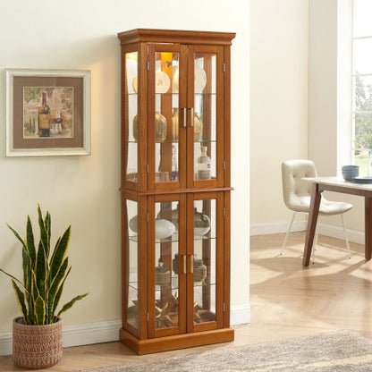 US Local Curio Cabinet Lighted Curio Diapaly Cabinet With Adjustable Shelves And Mirrored Back Panel, Tempered Glass Doors