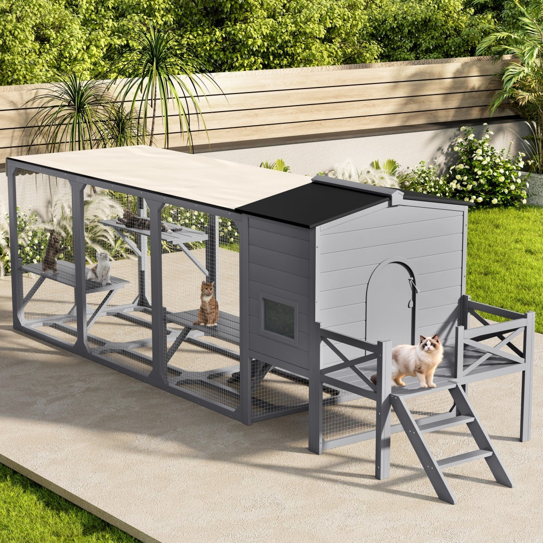 US Local Catio Cat House Outdoor Large Cat Enclosure, Wooden Cat Cage For Multiple Cats With Jumping Platforms And Cat Swing, Removable Waterproof Cover, UV Resistant, 2 Combination, Gray