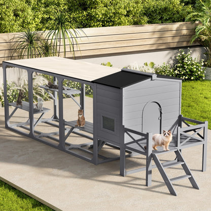 US Local Catio Cat House Outdoor Large Cat Enclosure, Wooden Cat Cage For Multiple Cats With Jumping Platforms And Cat Swing, Removable Waterproof Cover, UV Resistant, 2 Combination, Gray