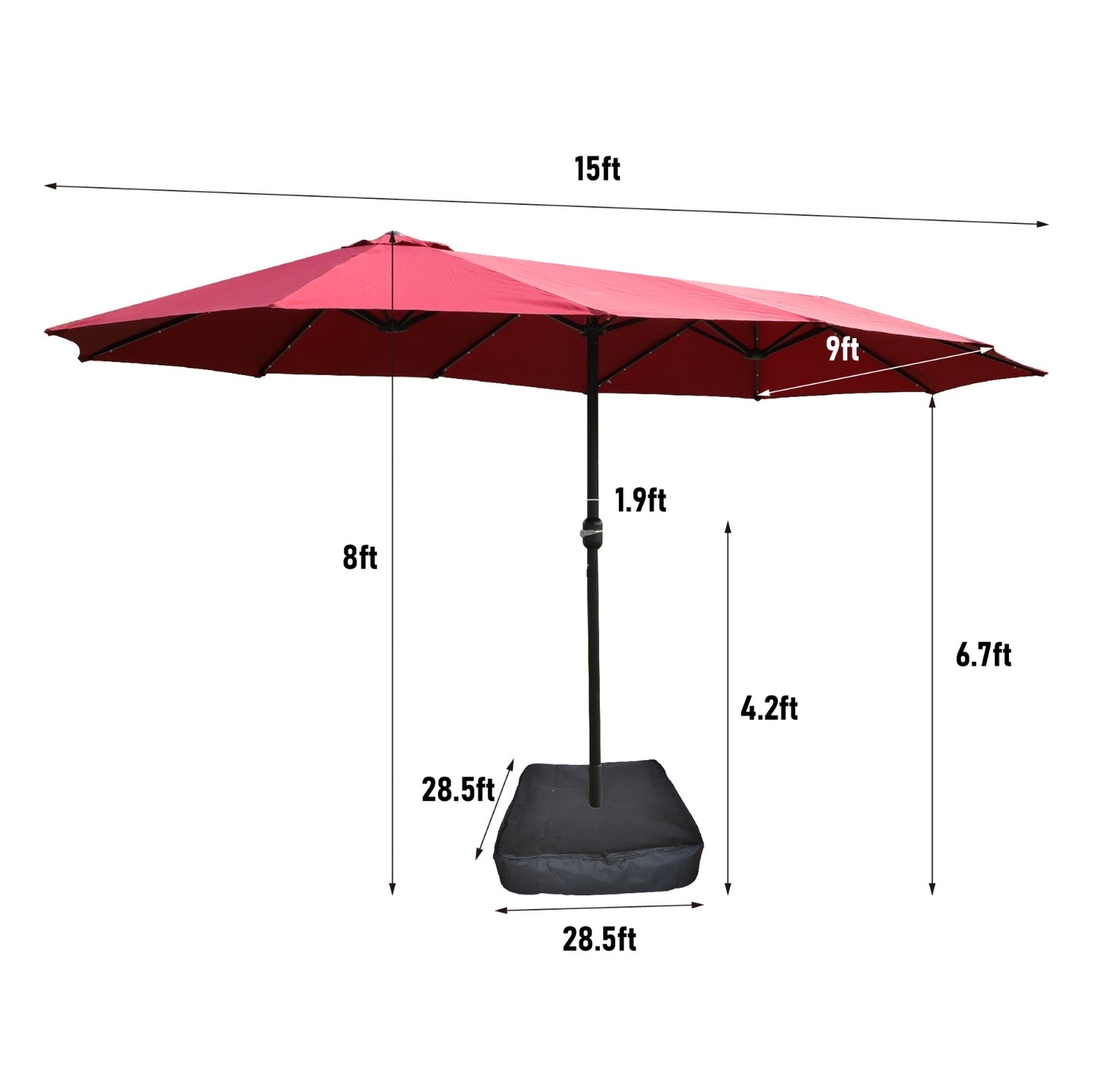 US Local 15x9ft Large Double-Sided Rectangular Outdoor Twin Patio Market Umbrella With Light And Base- Red