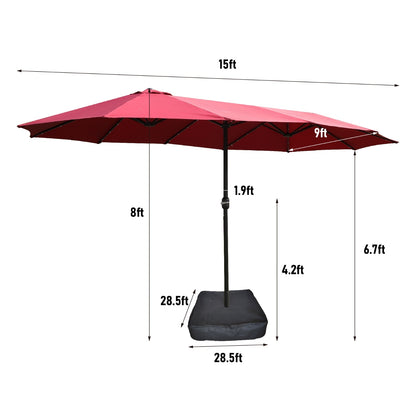 US Local 15x9ft Large Double-Sided Rectangular Outdoor Twin Patio Market Umbrella With Light And Base- Red