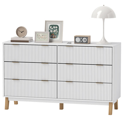 US Local 6 Drawer Double Dresser For Bedroom, Fluted Chest Of Drawers With Gold Finger Pulls And 5 Wood Legs, White