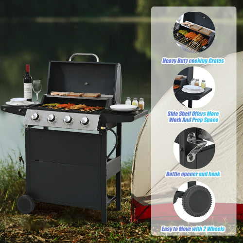 US Local Propane Gas Grill 4 Burner Barbecue Grill, Stainless Steel 34,000 BTU Patio Garden Barbecue Grill With Two Shelves, Lid, Wheels And Bottle Opener