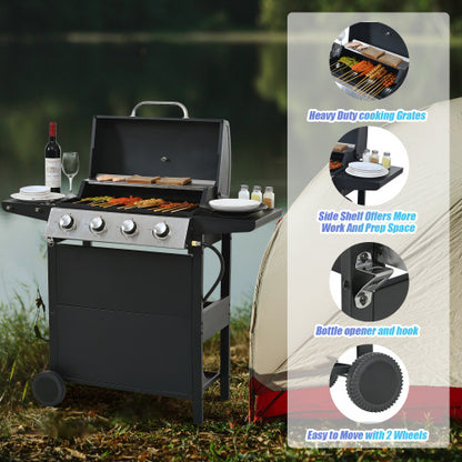 US Local Propane Gas Grill 4 Burner Barbecue Grill, Stainless Steel 34,000 BTU Patio Garden Barbecue Grill With Two Shelves, Lid, Wheels And Bottle Opener